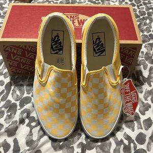New Vans Slip On women 7 mens 5.5 Yellow White Checkerboard